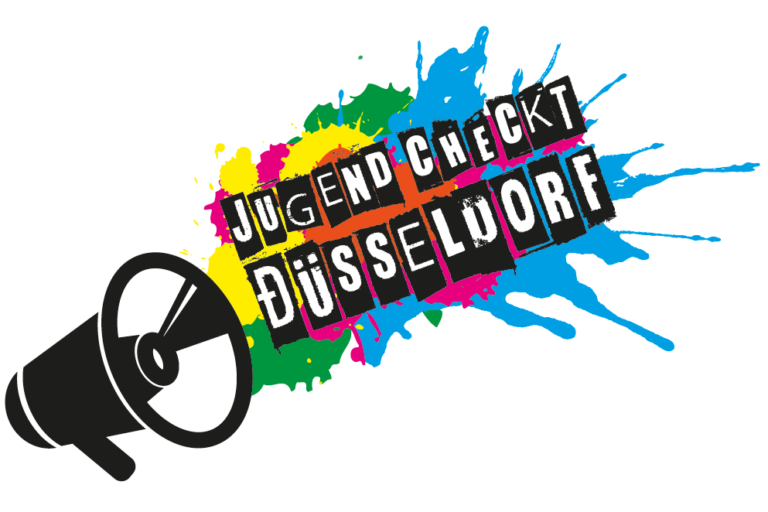 Schriftszug Jugend checkt Düsseldorf fligt mit bunten Farbkleksen aus einem Megaphon
