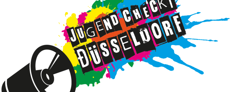 Schriftszug Jugend checkt Düsseldorf fligt mit bunten Farbkleksen aus einem Megaphon