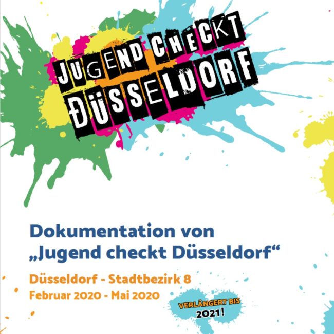 Cover der Dokumentation Jugend checkt Düsseldorf im Stadtbezirk 8 mit bunten Farbklecksen