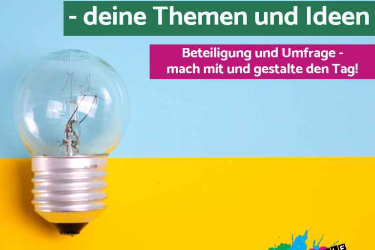 Glühbirne vor blau-gelbem Hintergrund mit SChriftzug "Zukunftsgipfel 2021 - deine Themen und Ideen. Beteiligung und Umfrage - mach mit und gestalte den Tag!"