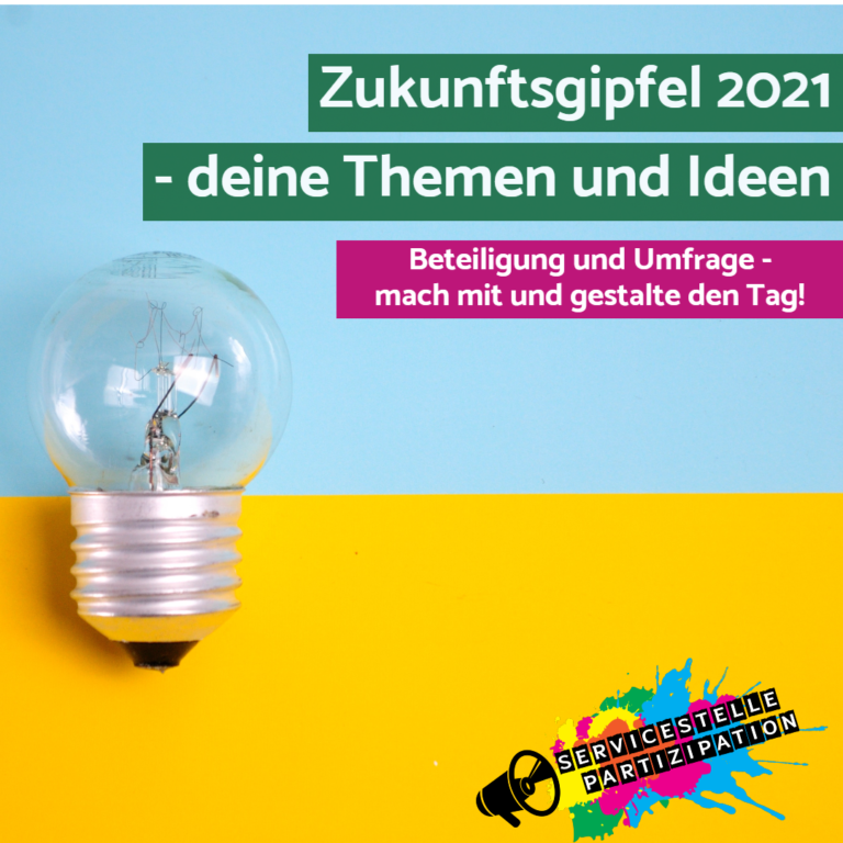Glühbirne vor blau-gelbem Hintergrund mit SChriftzug "Zukunftsgipfel 2021 - deine Themen und Ideen. Beteiligung und Umfrage - mach mit und gestalte den Tag!"