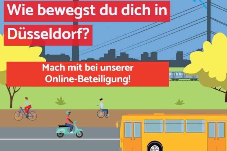 Skyline von Düsseldorf, davor verschiedene Transportmöglichkeiten wie Bus und Auto und Menschen die im Rollstuhl, auf einem Motorroller oder Fahrad unterwegs sind. "Wie bewegst du dich in Düsseldorf? Mach mit bei unserer Online-Beteiligung!"