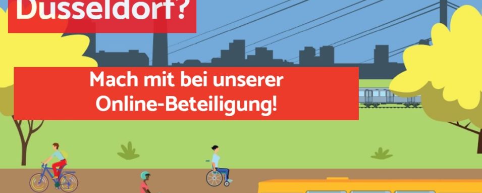 Skyline von Düsseldorf, davor verschiedene Transportmöglichkeiten wie Bus und Auto und Menschen die im Rollstuhl, auf einem Motorroller oder Fahrad unterwegs sind. "Wie bewegst du dich in Düsseldorf? Mach mit bei unserer Online-Beteiligung!"