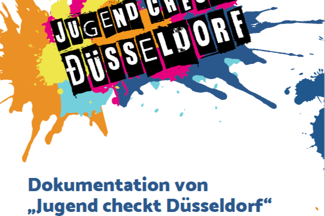 Cover der Dokumentation Jugend checkt Düsseldorf im Stadtbezirk 3 mit bunten Farbklecksen