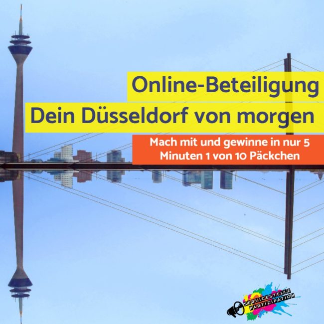 Bild von Rheinturm und Medienhafen, die Silhouette spiegelt sich im Rhein. Davor Schriftzug:"Online Beteiligung. Dein Düsseldorf von morgen. Mach mit und gewinne in nur 5 Minuten 1 von 10 Outdoorpäckchen"