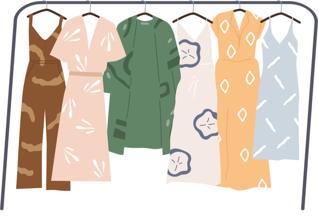 EIne Zeichnung auf der an einer Kleiderstange 6 verschiedene Kleidungsstücke zu sehen sind.
