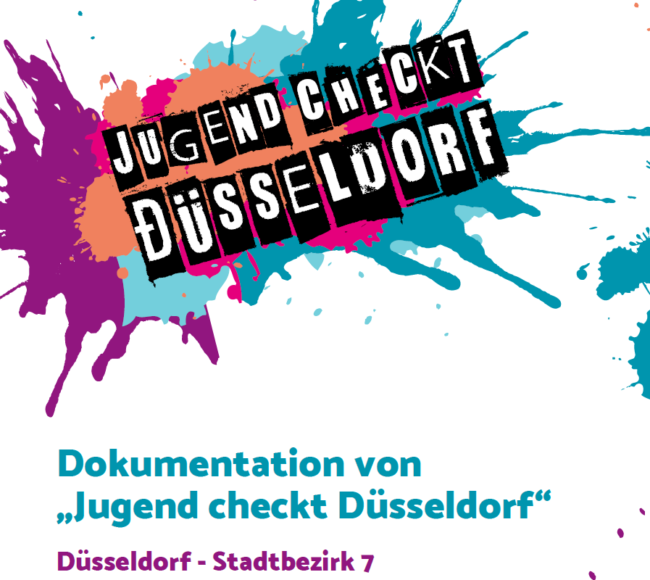 Logo on Jugend chcekt Düsseldorf. Im hintergrund sind farbkleckse, im Vordergrund der Schriftzug. Darunter steht: Dokumentation von "Jugend checkt Düsseldorf" Düsseldorf- Stadtbezirk 7